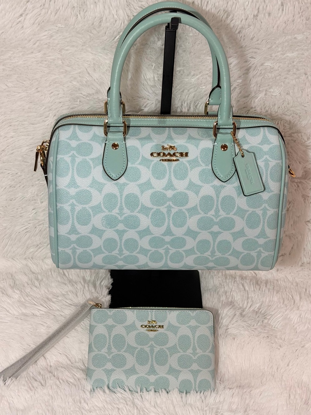 COACH Rowan MEDIUM Signature Canvas Satchel light blue + Matching Wristlet